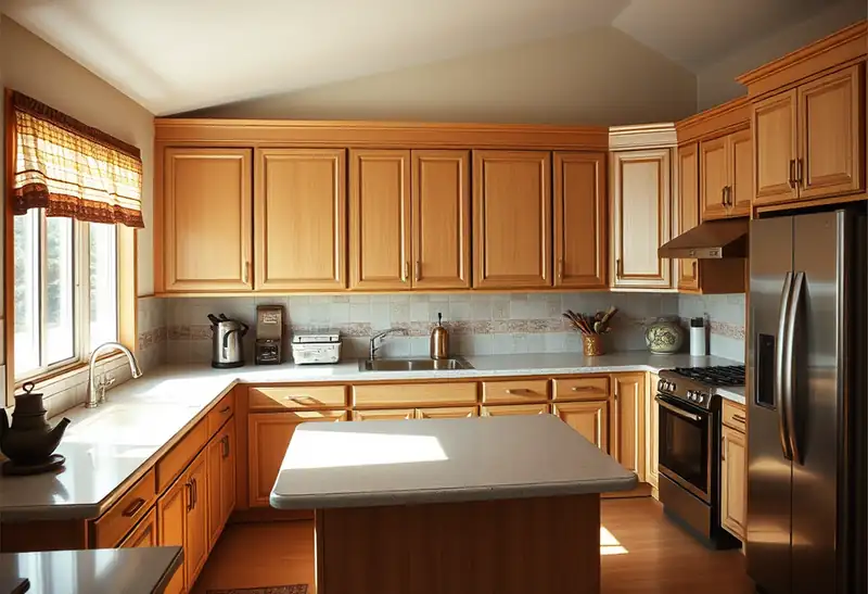 Illustration of kitchen with shaker cabinets and island, featuring stainless steel appliances.