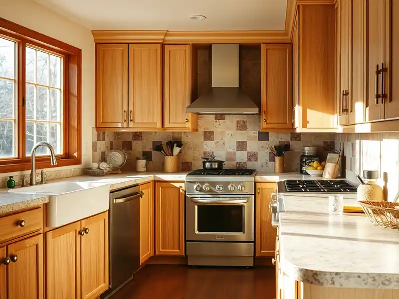 Illustration of a modern kitchen with wooden cabinets and tiled backsplash.