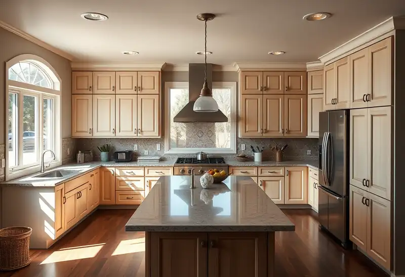 Illustration of modern kitchen with shaker cabinets and granite island
