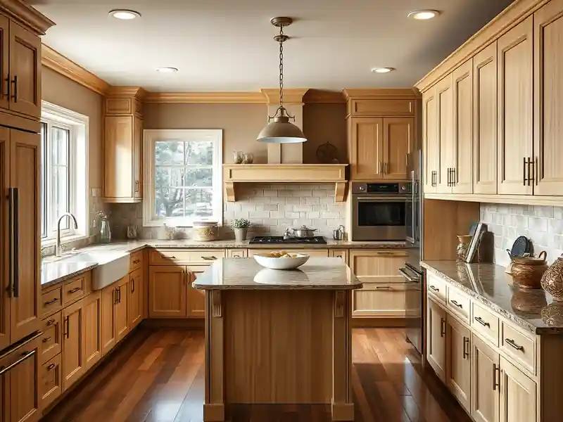 Illustration of a modern kitchen with light wood cabinets and granite countertops.