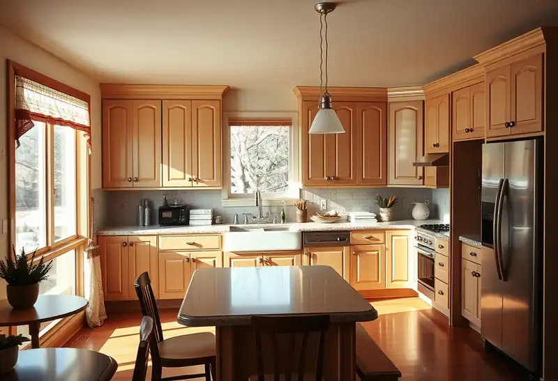 Illustration of kitchen with shaker cabinets and an island, as found in 1975-era homes