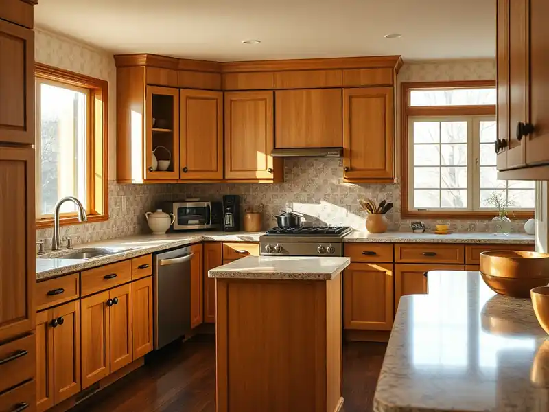 Illustration of modern kitchen with wooden cabinets and granite countertops.