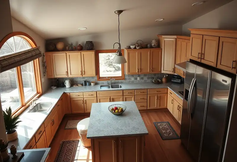 Illustration of kitchen with shaker cabinets and an island, as found in 1975-era homes
