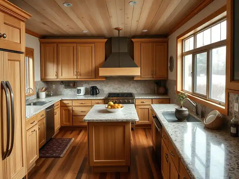 Illustration of a modern kitchen with wooden cabinets, granite countertops, and large windows.