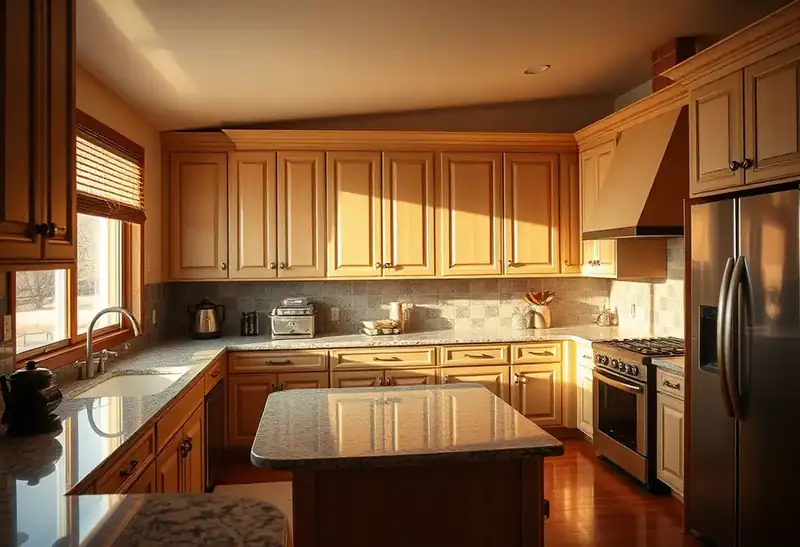 Illustration of kitchen with shaker cabinets and an island, as found in 1975-era homes