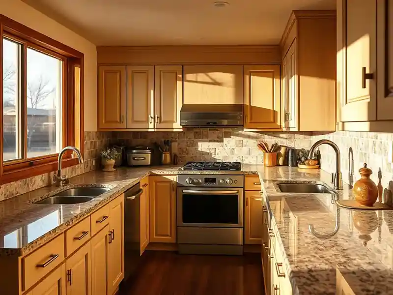 Illustration of close-up of materials and finishes of kitchen with shaker cabinets and an island, as found