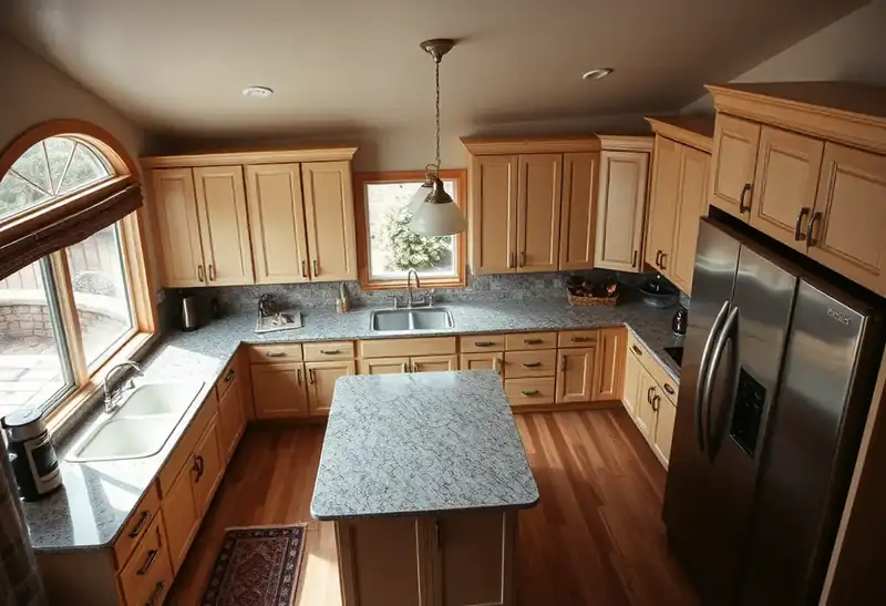 Illustration of kitchen with shaker cabinets and an island, as found in 1975-era homes