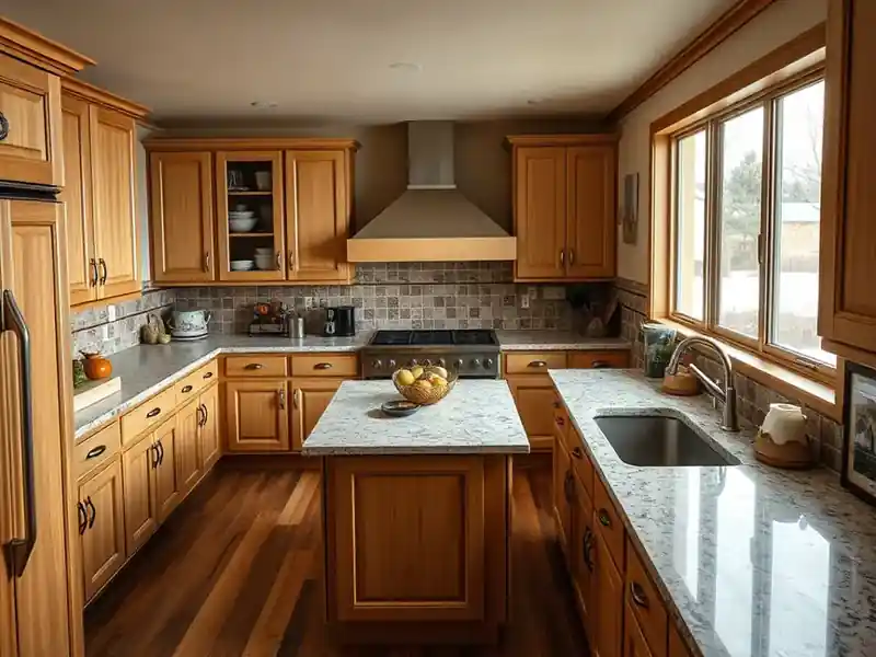 Illustration of close-up of materials and finishes of kitchen with shaker cabinets and an island, as found