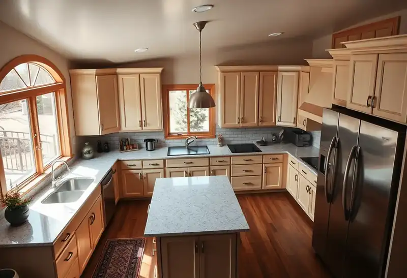 Illustration of kitchen with shaker cabinets and an island in a 1975-era home
