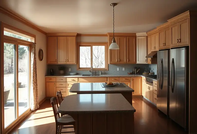 Illustration of modern kitchen with wooden cabinets and granite countertops