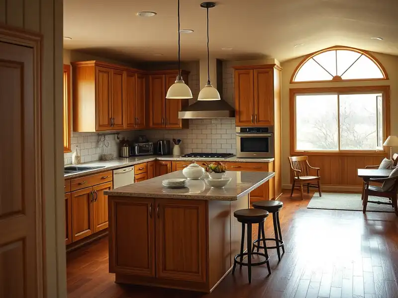 Illustration of a modern kitchen with wooden cabinets and granite countertops.
