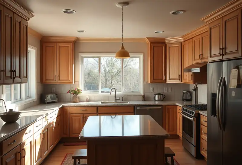Illustration of modern kitchen with island, stainless steel appliances and wooden cabinetry.