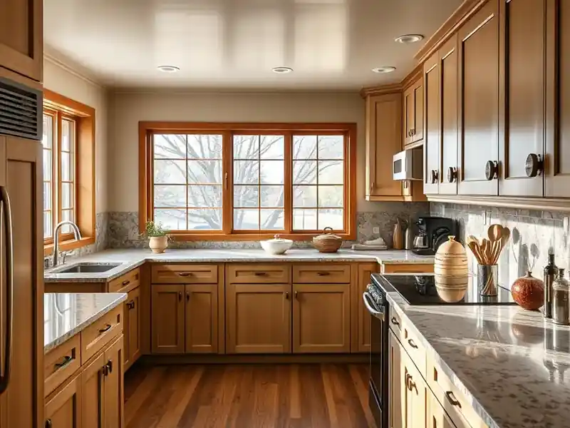Illustration of close-up of materials and finishes of kitchen with shaker cabinets and an island, as found