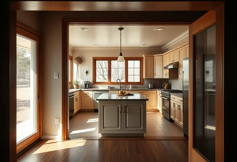 Illustration of modern kitchen with light wood cabinets and a central island, featuring large windows.