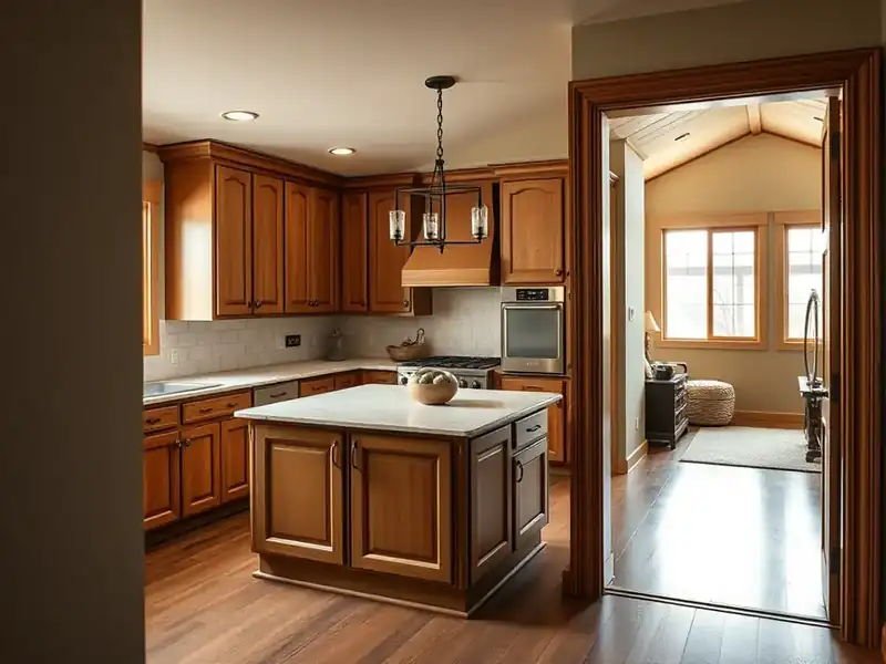Illustration of close-up of materials and finishes of kitchen with shaker cabinets and an island, as found