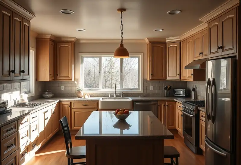 Illustration of modern kitchen with light wood cabinets and stainless steel appliances.