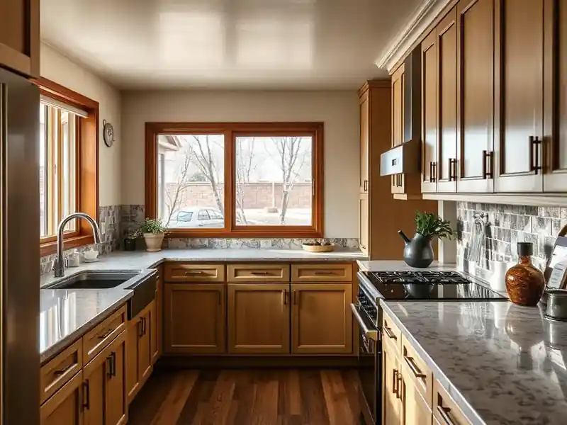 Illustration of close-up of materials and finishes of kitchen with shaker cabinets and an island, as found