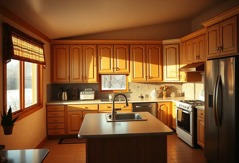 Illustration of kitchen with shaker cabinets and an island, as found in 1975-era homes