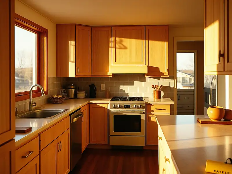 Illustration of a modern kitchen with wooden cabinets and an island, featuring a sink and stove.