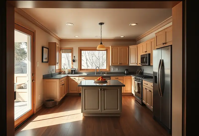 Illustration of modern kitchen with light wood cabinets and stainless steel appliances.
