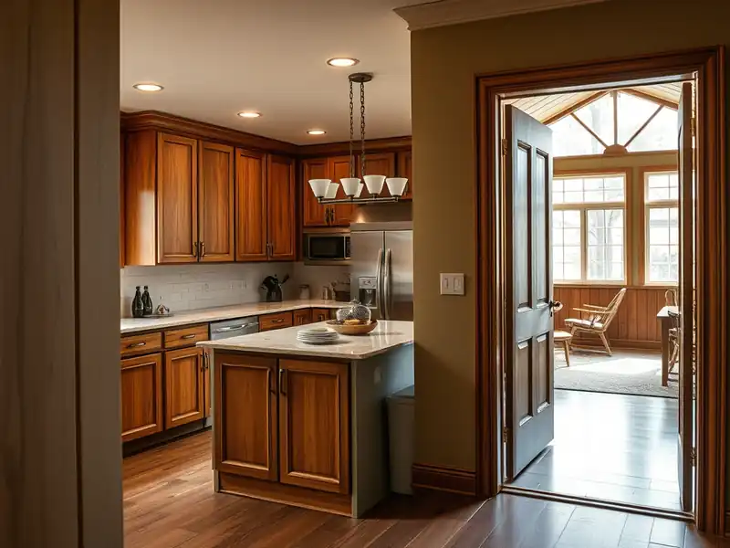 Illustration of modern kitchen with wooden cabinets and stainless steel appliances.